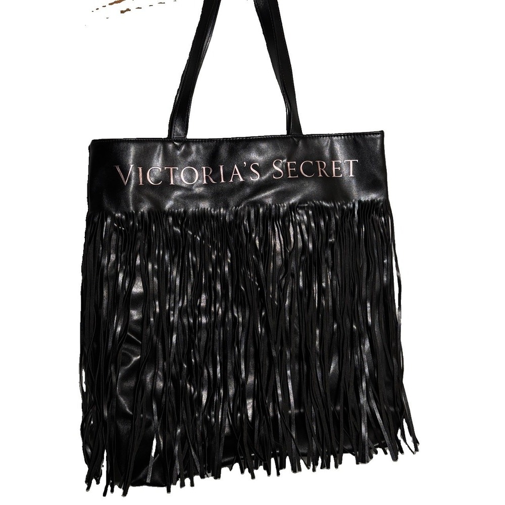 Victoria's Secret Black Faux Leather Fringe Tote Bag Gold Logo Boho‎ L Festival